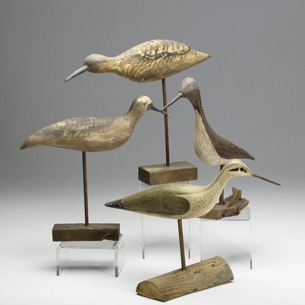 Appraisal: SHORE BIRD DECOYS AND CARVINGS Twelve items including four metal