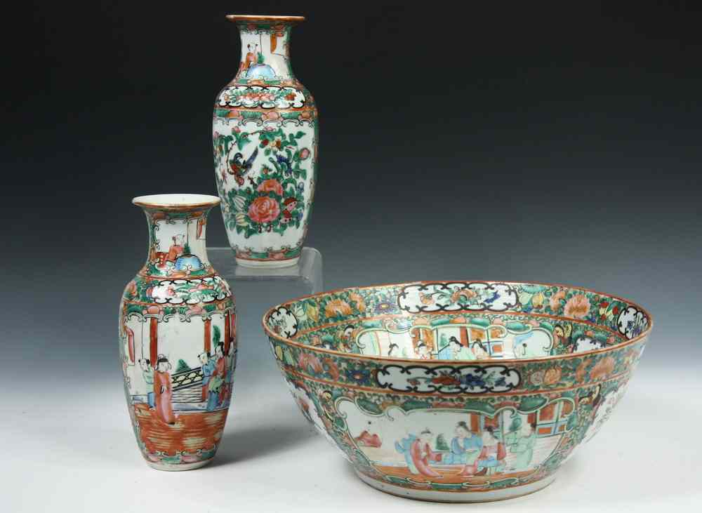 Appraisal: ROSE MEDALLION PUNCH BOWL VASES - Late th c Porcelain