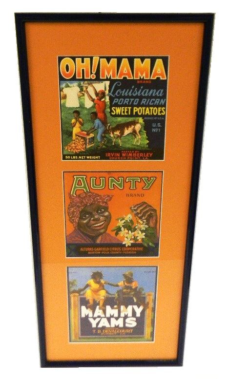 Appraisal: Framed African-American themed box labels polychrome three framed in oblong