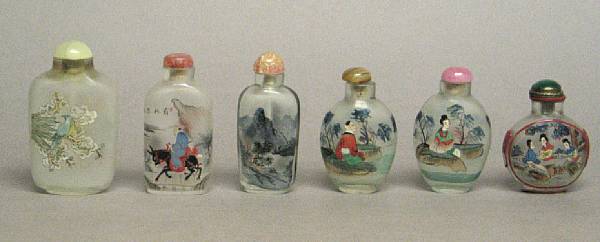 Appraisal: A group of six inside painted glass snuff bottles Four