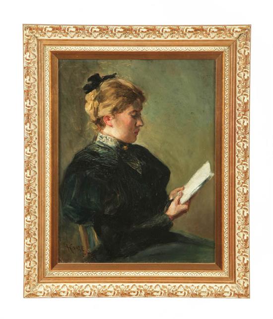 Appraisal: WOMAN READING BOOK AMERICAN SCHOOL Oil on canvas signed lower