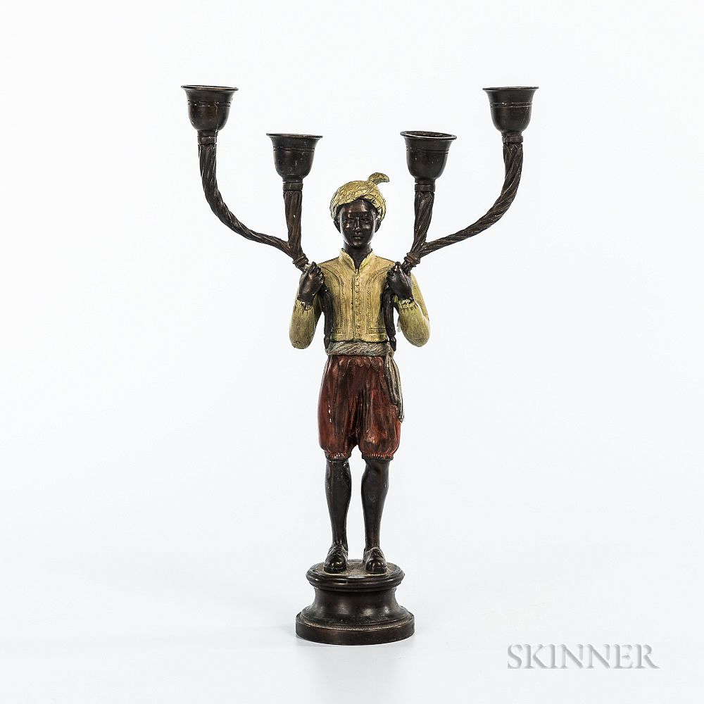 Appraisal: Cold-painted Bronze Figural Candelabra Cold-painted Bronze Figural Candelabra late th