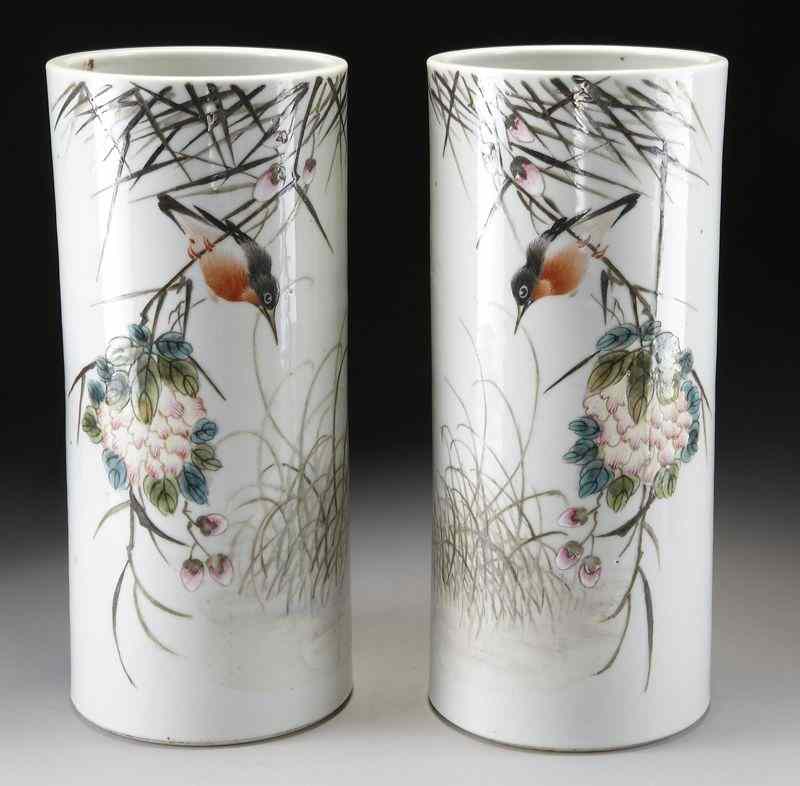 Appraisal: Pr Chinese famille rose hat stand vases depicting birds and