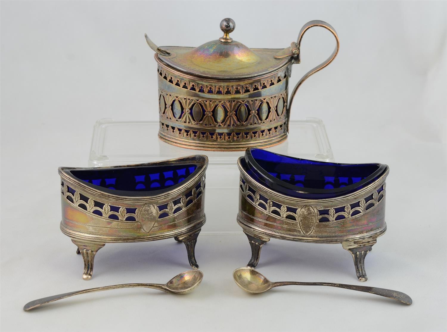 Appraisal: Pair of elliptical English sterling silver footed salts with cobalt