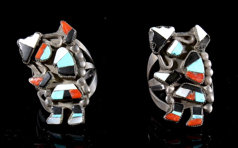 Appraisal: Pair of Zuni Multistone Rainbow Dancer Rings For your consideration