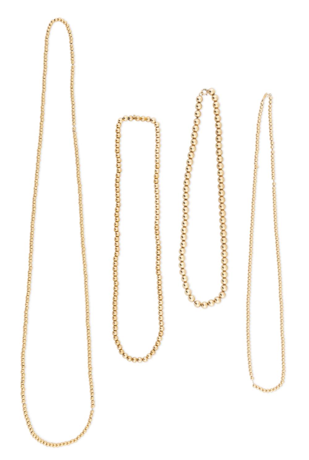 Appraisal: FOUR KT YELLOW GOLD BEAD NECKLACES APPROX TOTAL DWT FOUR