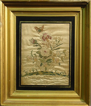 Appraisal: - English silkwork of a basket of flowers and butterfly