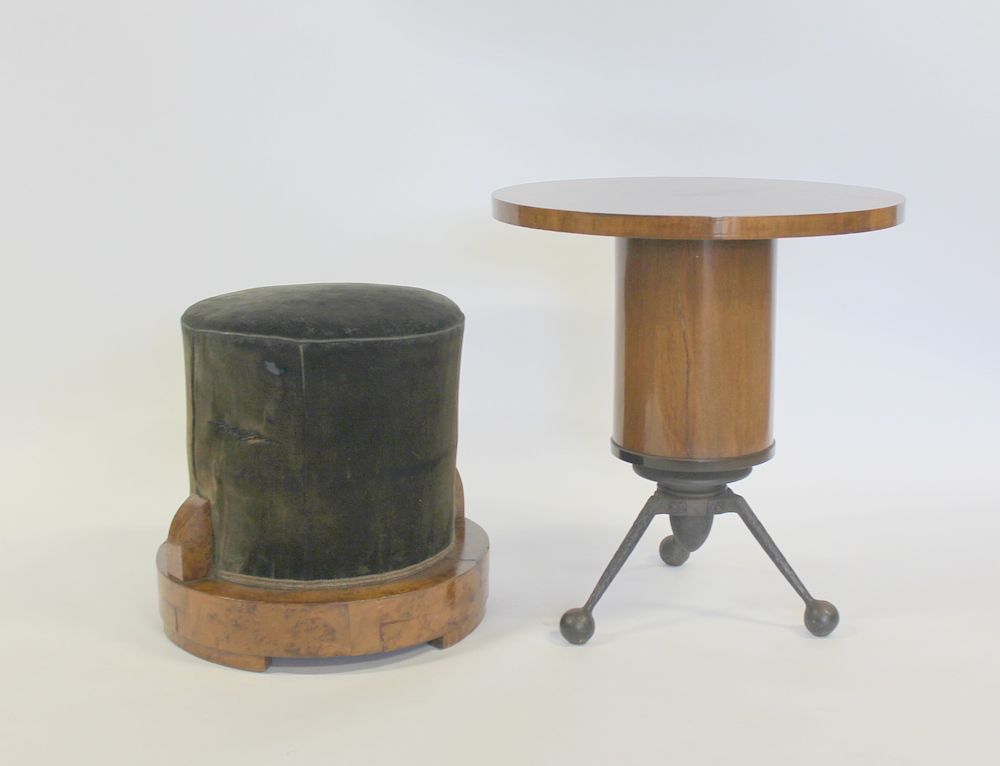 Appraisal: Antique Upholstered Stool Together with An Adjustable Metal Base Table