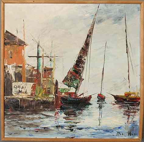 Appraisal: Oil on canvas painting of moored sailboats signed l r