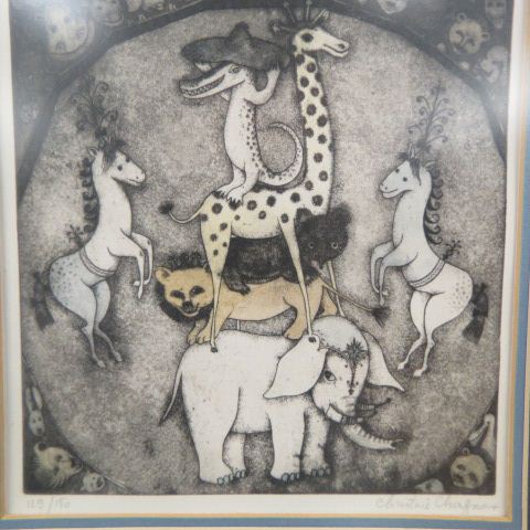 Appraisal: Christine Chagnoux etching tower of animals of image area x