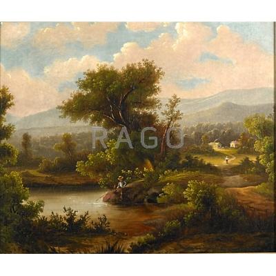 Appraisal: TH C LANDSCAPE Oil on canvas of a man fishing