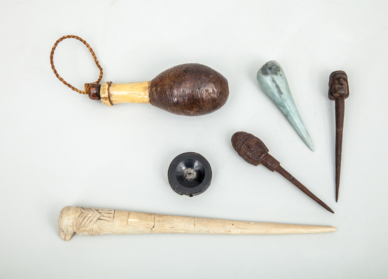 Appraisal: GROUP OF SIX CURIOSITIES Comprising a bone and shell vial