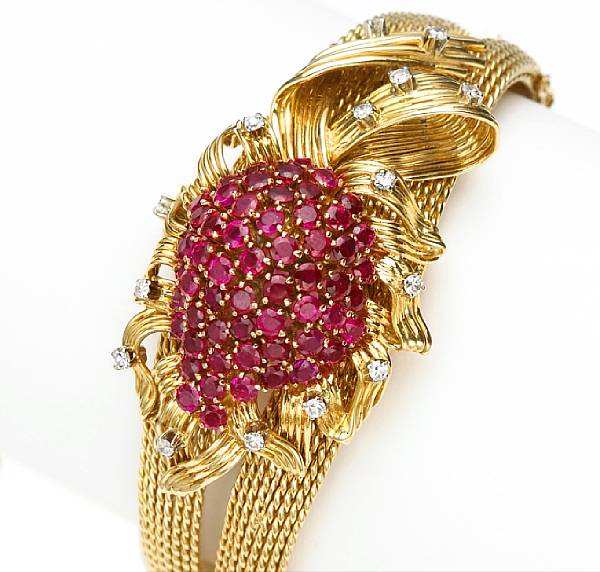 Appraisal: G belin A diamond and ruby covered bracelet wristwatch dial