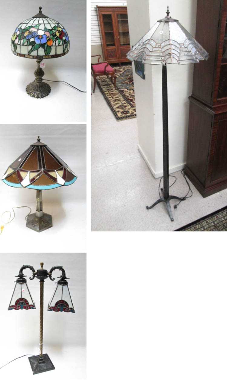 Appraisal: FOUR TIFFANY INSPIRED LAMPS One floor lamp featuring an octagonal