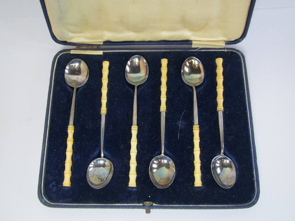 Appraisal: A cased set of six silver coffee spoons with ivory