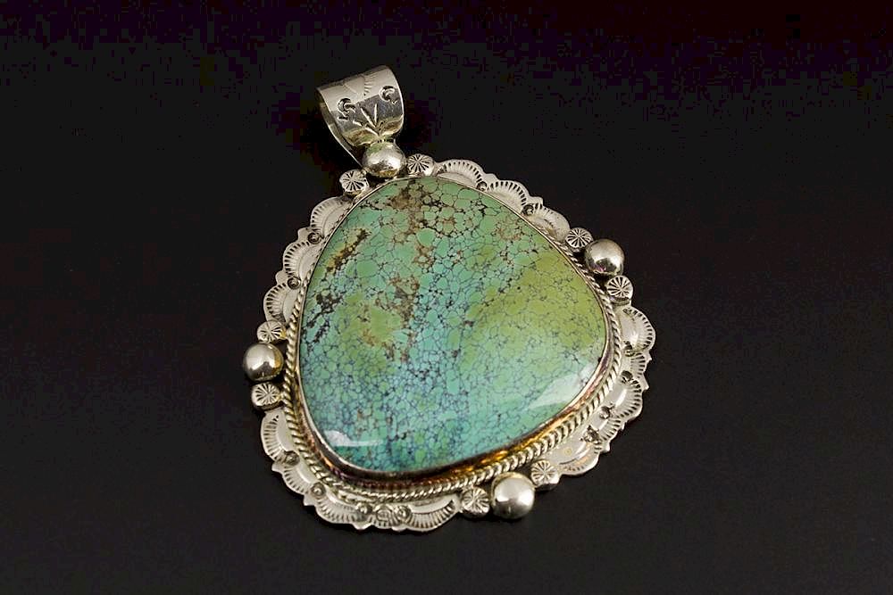 Appraisal: Large Navajo Turquoise Pendant Hand Stamped Large Turquoise Sterling Silver