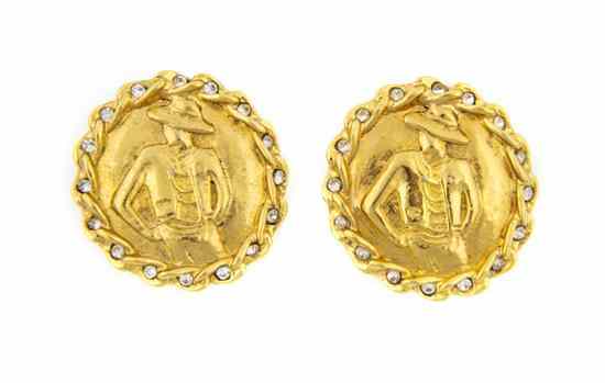 Appraisal: A Pair of Chanel Goldtone and Rhinestone Earclips depicting the