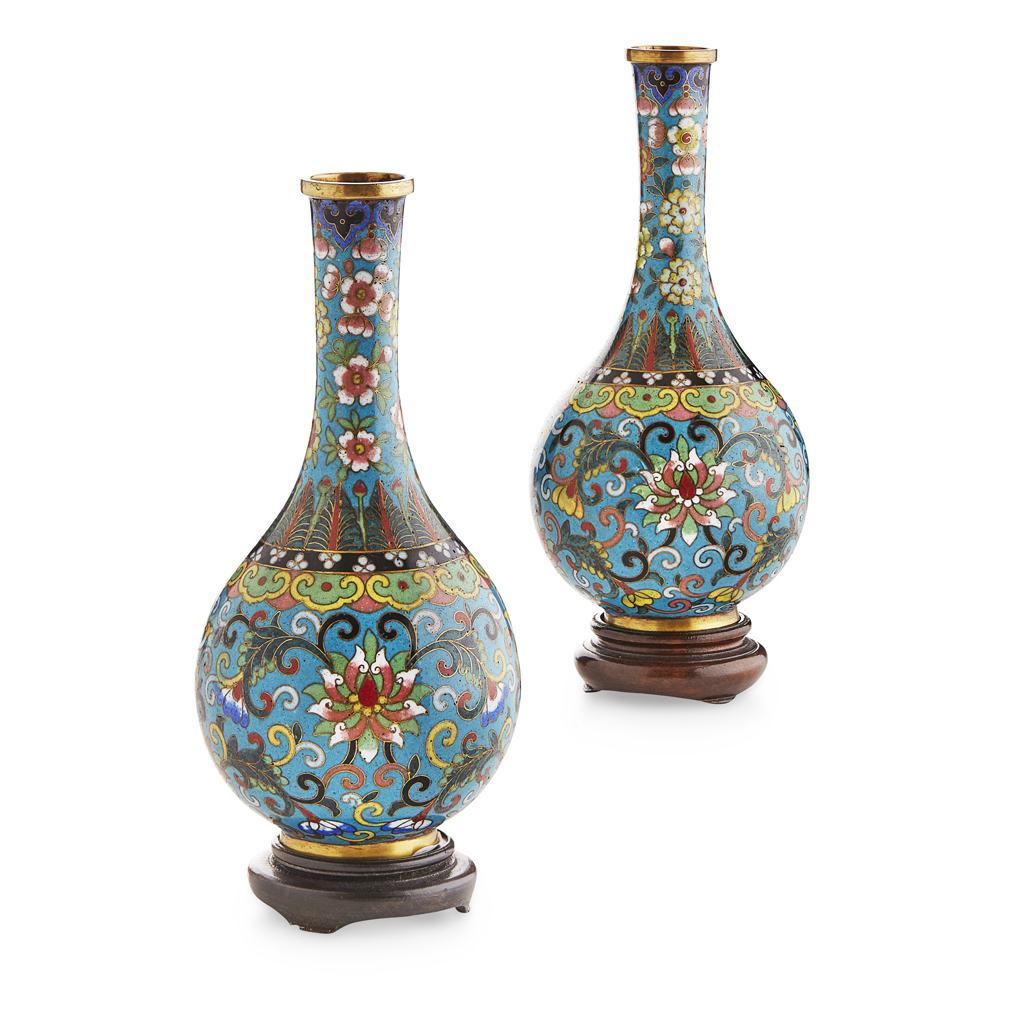 Appraisal: PAIR OF SMALL CLOISONN ENAMEL BOTTLE VASES IN THE CHINESE