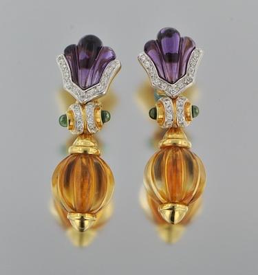 Appraisal: A Pair of Carved Amethyst and Citrine Earrings in k