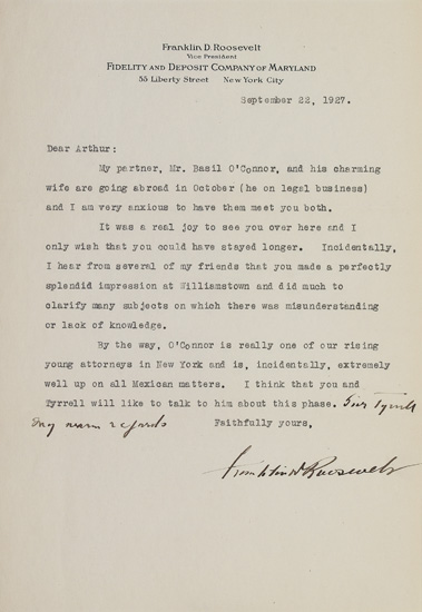 Appraisal: ROOSEVELT FRANKLIN D Typed Letter Signed to the British journalist