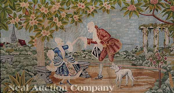 Appraisal: A Continental Petit Point Embroidery Meeting in the Garden silk