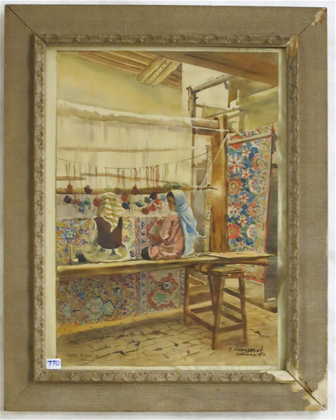 Appraisal: YERVAND NAHAPETIAN WATERCOLOR ON PAPER Iran - Carpet workshop with