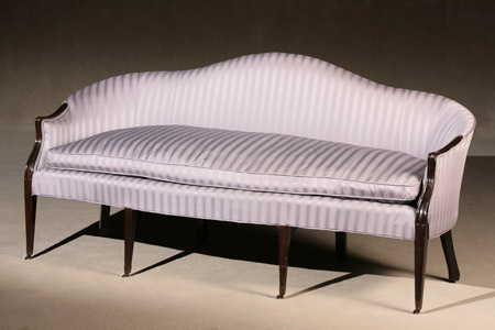 Appraisal: George III Mahogany Cabriolet Sofa Circa Upholstered in striped blue