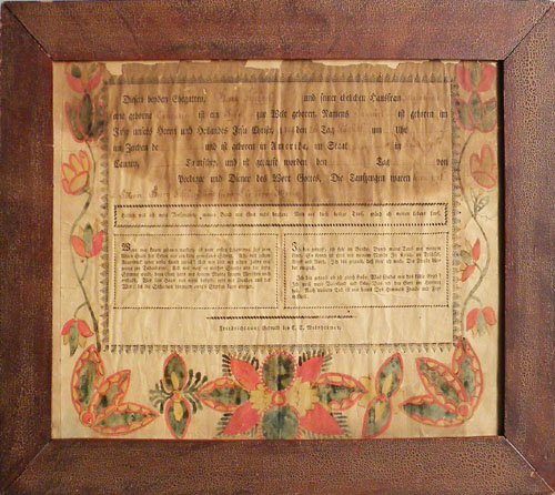 Appraisal: Rare Maryland printed and hand colored fraktur by Medsheimer Friedrichtown