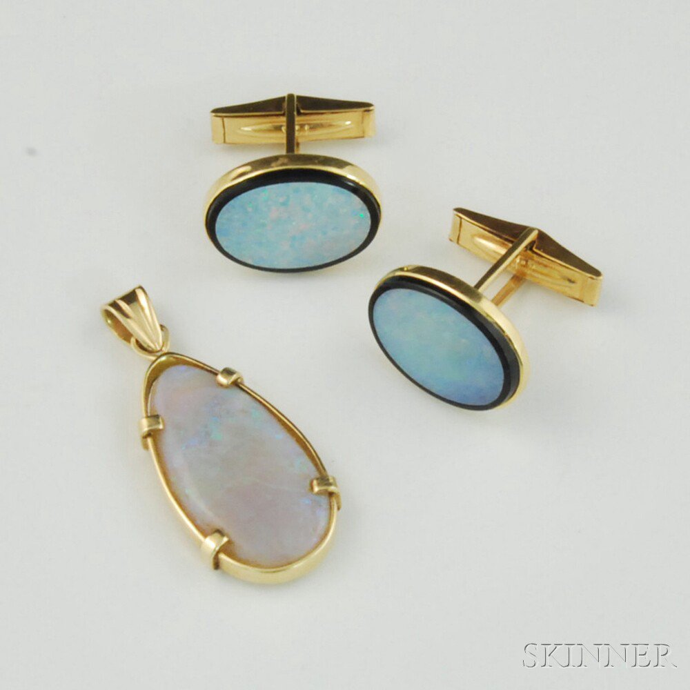 Appraisal: Two Pieces of Opal Jewelry a kt gold-framed teardrop-shaped opal