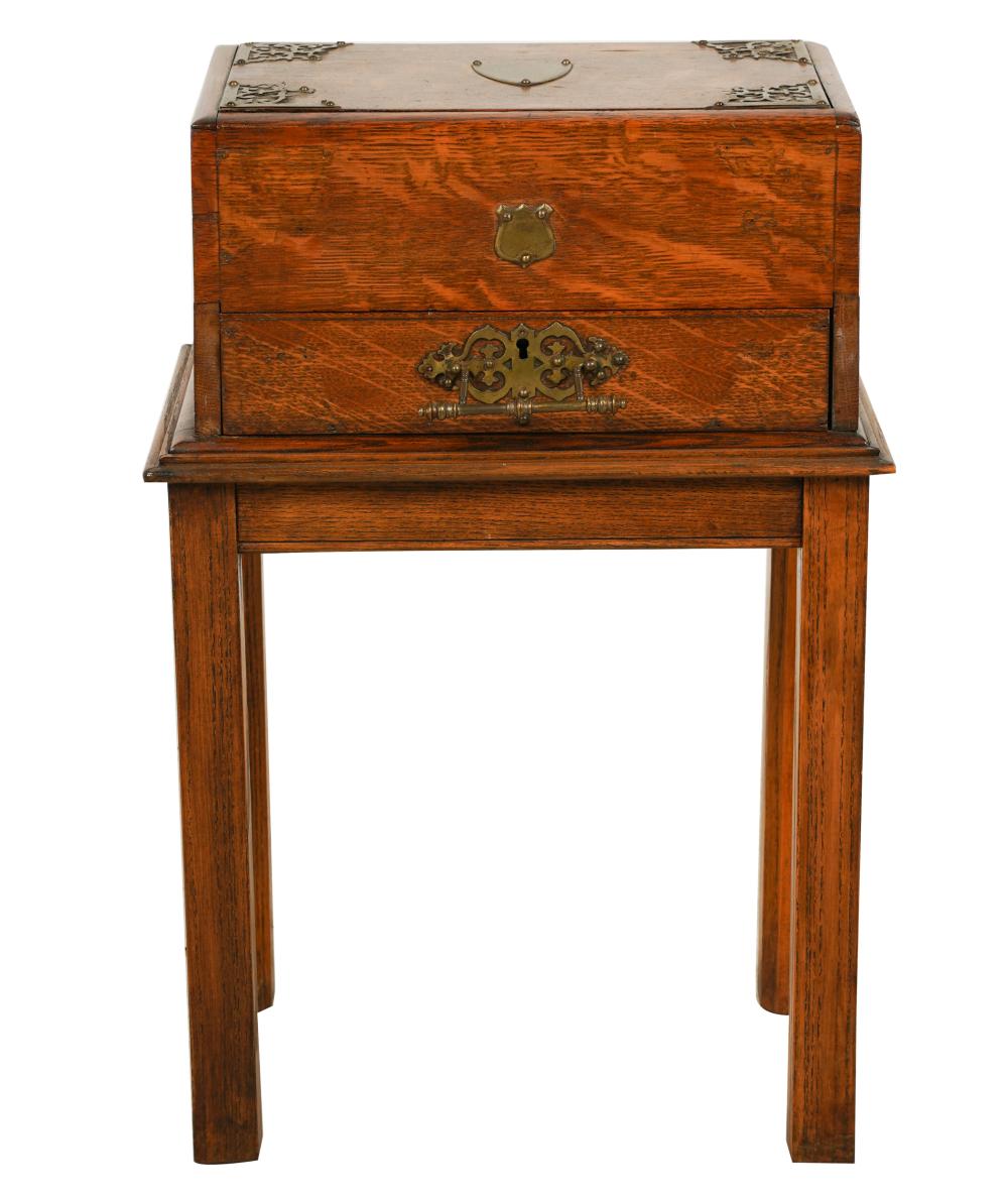 Appraisal: OAK BRASS BOX ON STANDthe top sliding back to reveal