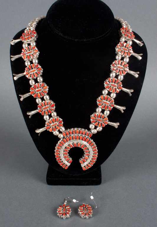 Appraisal: Modern Zuni sterling silver turquoise and coral squash blossom reversible