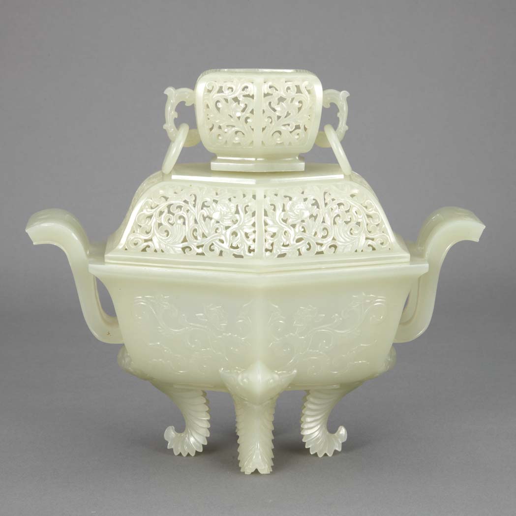 Appraisal: Chinese Light Celadon Jade Covered Censer The tapering hexagonal form