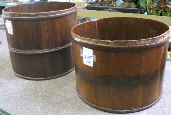 Appraisal: TWO HAND MADE WOODEN CHINESE STORAGE BUCKETS circular with iron