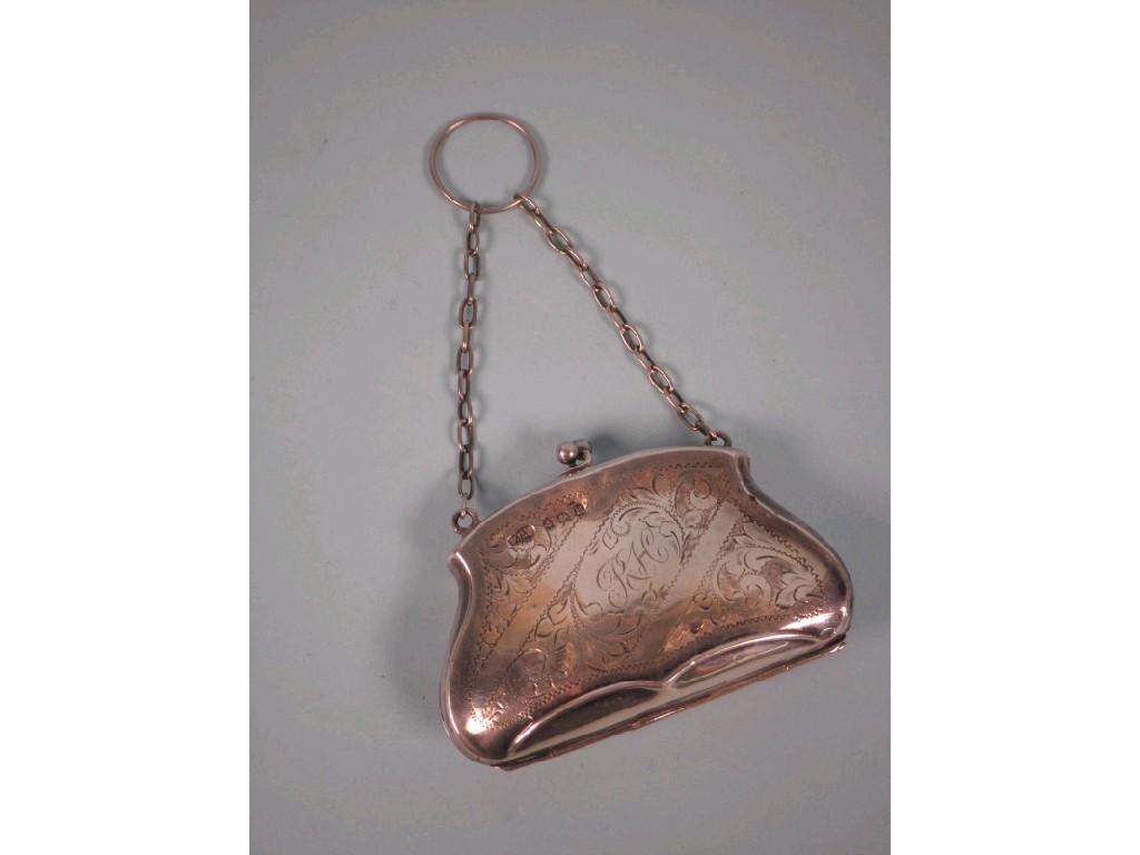 Appraisal: A George V silver evening bag with chain engraved with