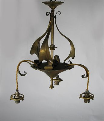 Appraisal: An Arts and Crafts patinated brass hall lantern scrolling form