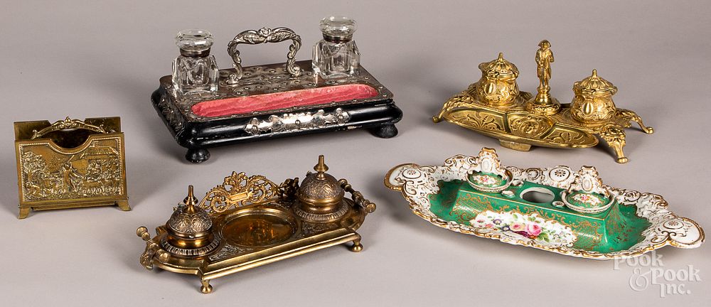 Appraisal: Four assorted inkwells Four assorted inkwells together with a brass