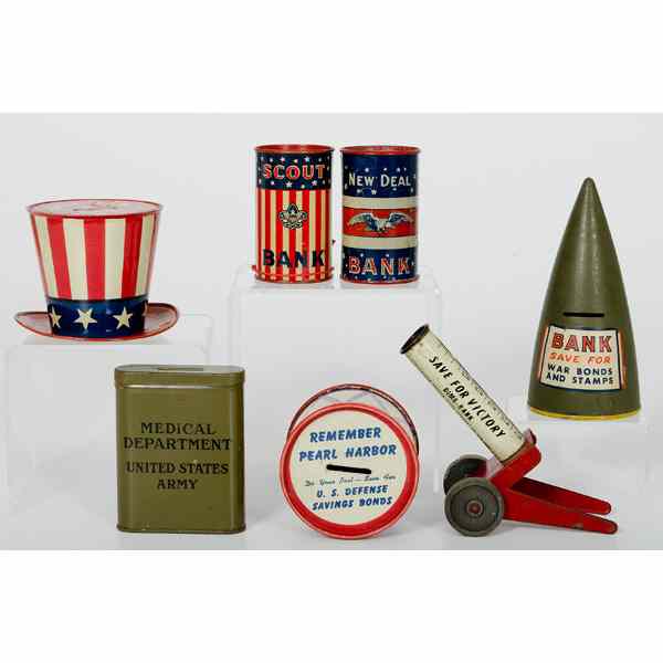 Appraisal: Lot of Patriotic Tin Banks Lot of seven includes a