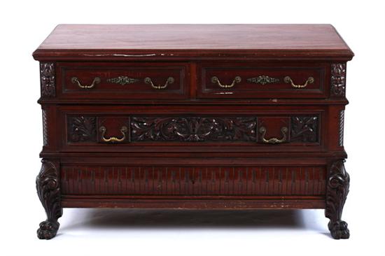 Appraisal: FRENCH ROCOCO STYLE CARVED MAHOGANY LOW CHEST th century Thick