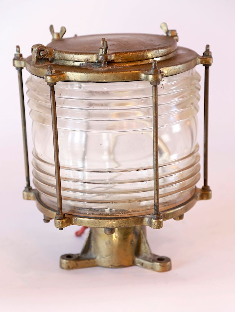 Appraisal: Brass Ship's Lantern with Fresnel Glass Lens Exclusive on Bidsquare