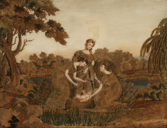 Appraisal: American Watercolor and Silk Needlework Picture of 'Moses in the