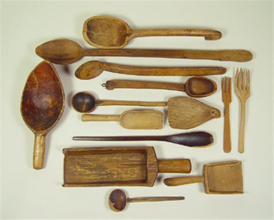 Appraisal: Thirteen Hand Carved Wooden Utensils Circa Includes scoops spoons ladles