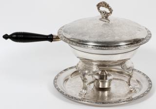 Appraisal: SILVER PLATE CHAFING DISH H DIA Including a tray chafing