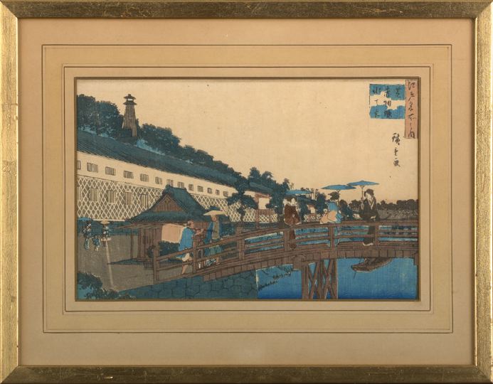 Appraisal: Japanese Framed Woodblock Print signed Hiroshige depicting an arched wooden