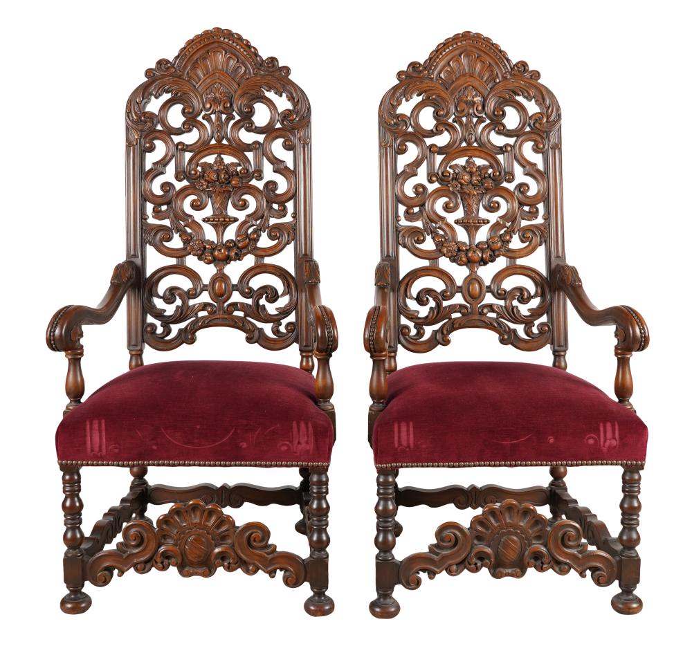 Appraisal: PAIR OF BAROQUE-STYLE CARVED WALNUT HALL CHAIRS th century inches