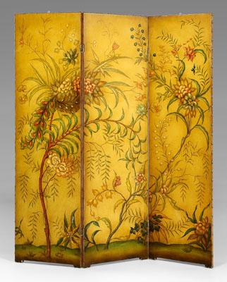 Appraisal: Painted leather folding room screen three hinged panels front with