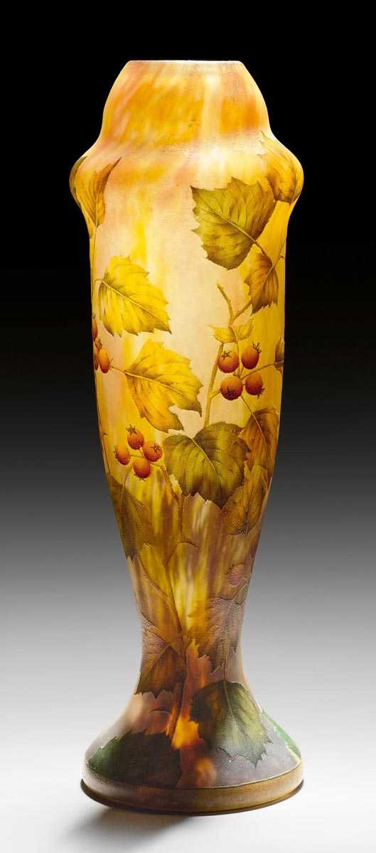 Appraisal: DAUM NANCY VASE circa Acid-etched and enamelled yellow glass with