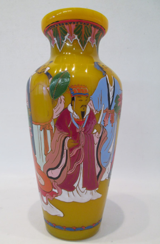 Appraisal: CHINESE HAND ENAMELED PEKING GLASS VASE baluster form yellow peking