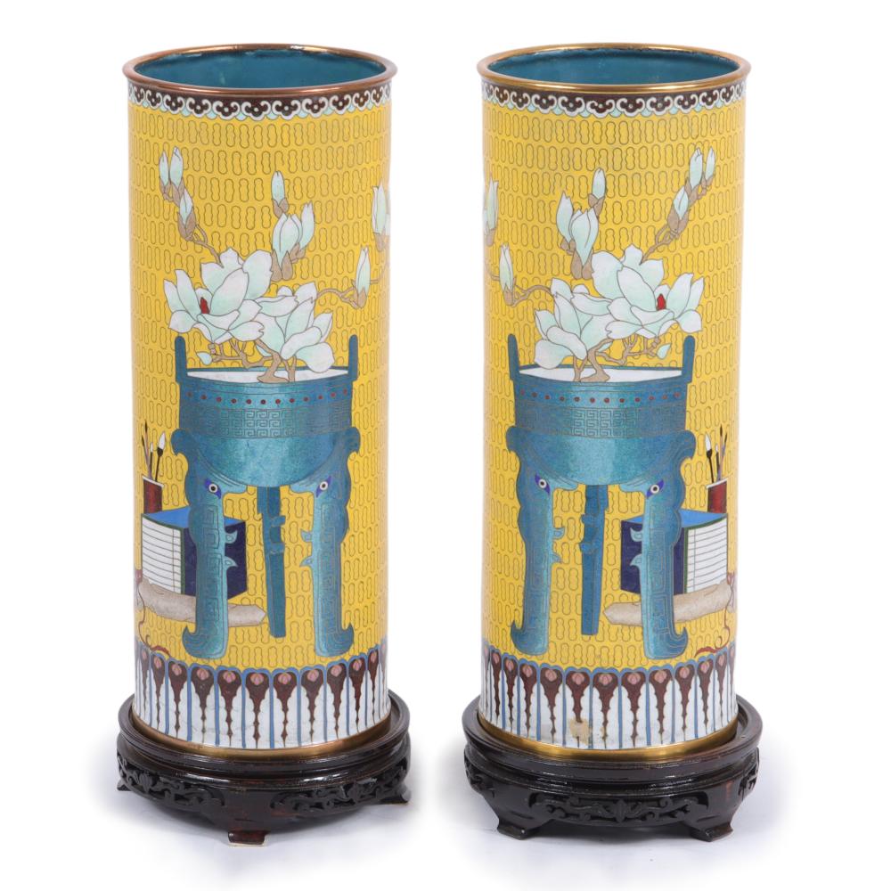 Appraisal: PAIR OF CHINESE YELLOW CLOISONN CYLINDER VASES WITH IMAGERY OF