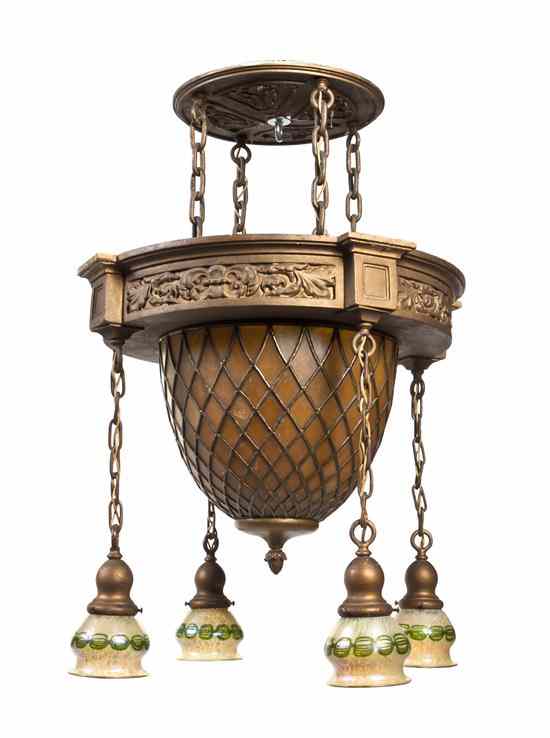 Appraisal: A Neoclassical Bronze Leaded and Iridescent Glass Fixture the leaded