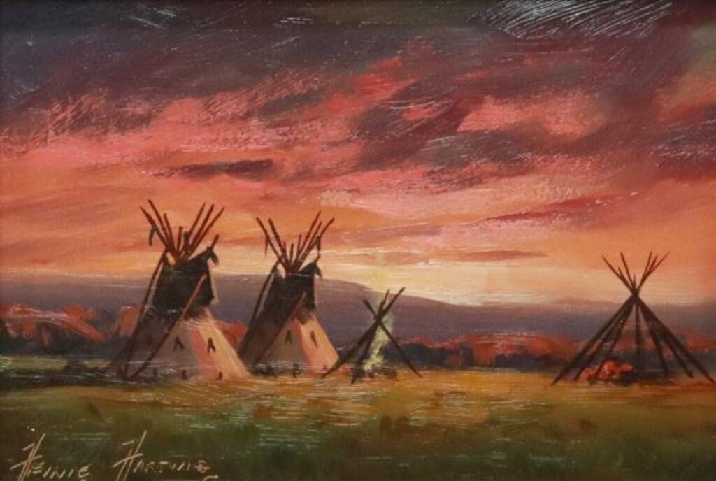 Appraisal: Framed oil on board painting Setting Sun Over Camp signed